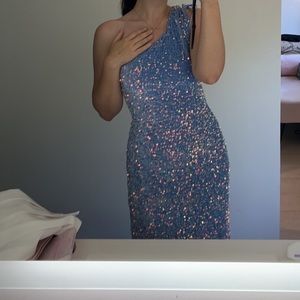 Floor Length Lucy in The Sky Light Blue Sequined Dress.